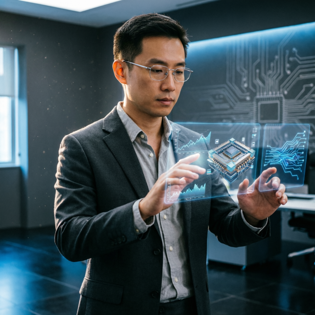 Engineer interacting with holographic circuit interface