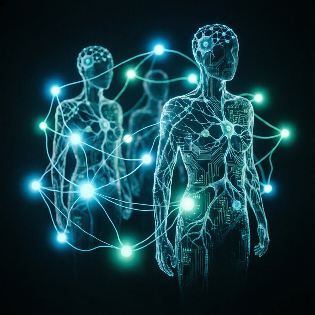 AI agents as circuit-pattern human silhouettes