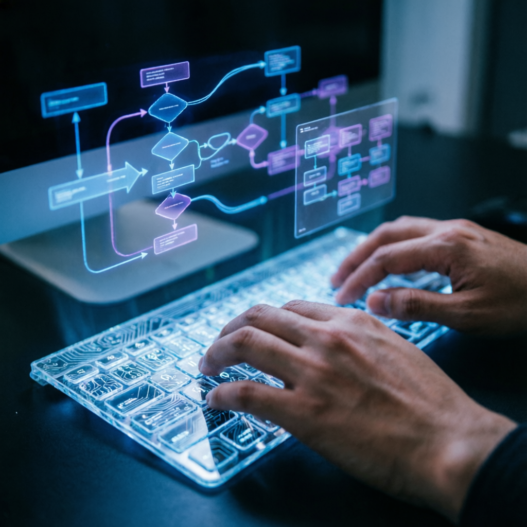 Hands on transparent keyboard with holographic workflows